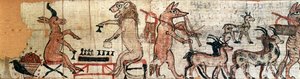 Den satiriska papyrus, detalj från vänster sida som visar ett lejon och en antilop som spelar senetspelet, från Thebe, ca 1100 f.Kr. (se även 85722)
